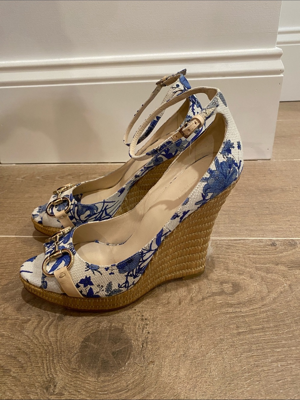 Gucci Blue Floral Ankle-Strap Wedge Sandals